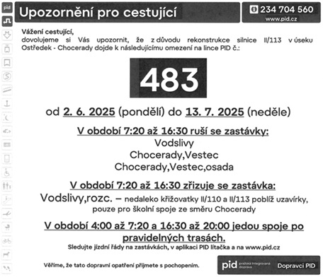 Výlukový jízdní řád linky 483 z důvodu uzavírky silnice II/113 v úseku Chocerady-Ostředek od 2.6.2025