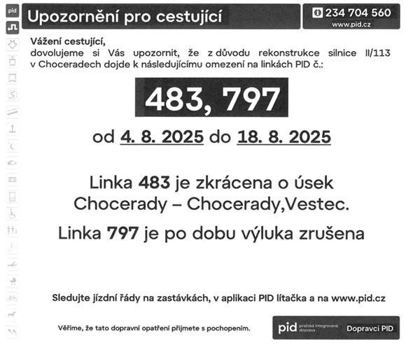 Výlukový jízdní řád linky 483 z důvodu uzavírky silnice II/113 od 4.8.2025