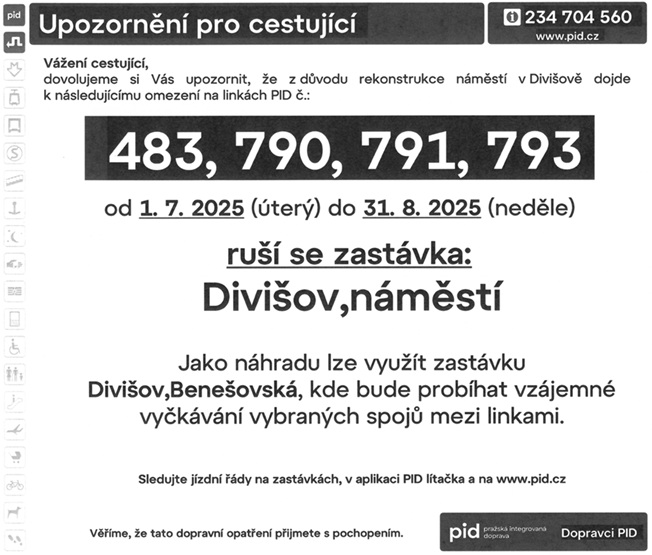 Výlukový jízdní řád linky 483, 790, 791, 793 z důvodu rekonstrukce náměstí v Divišově